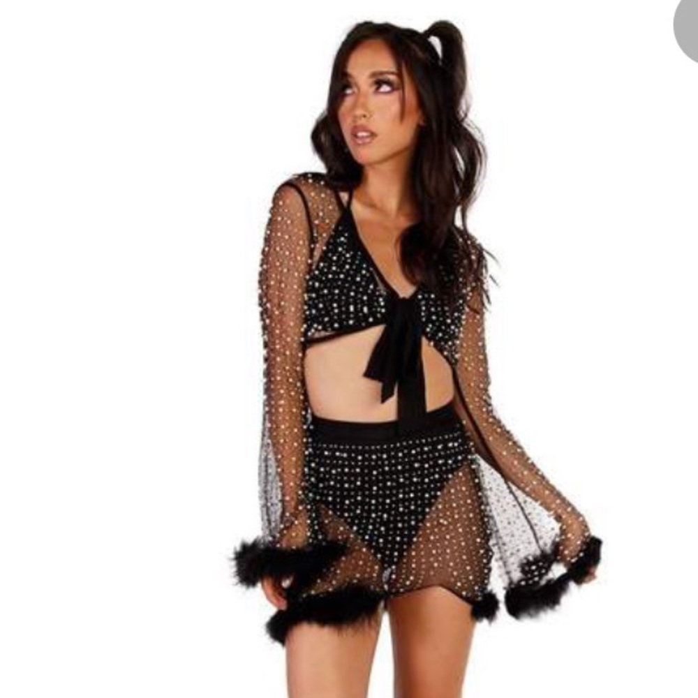COPY - Dolls kill rave mesh pearl marabou studded set